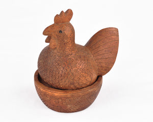Home Decor-Carved Vintage Chicken-Hen on Nest-Solid Wood-Two Piece-6.5 Inches-Farmhouse Décor