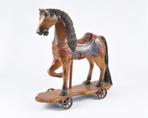 Vintage Home Decor-Antique Hand Carved Wooden Hand Painted Toy Horse With Cast Iron Wheels Tamara Scott Designs