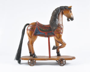 Vintage Home Decor-Antique Hand Carved Wooden Hand Painted Toy Horse With Cast Iron Wheels Tamara Scott Designs