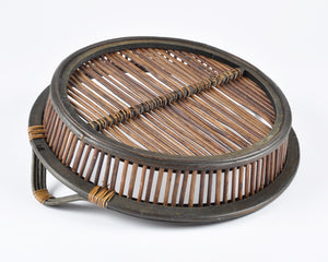 Vintage Woven Basket Tray with Two Handles-Large Storage Basket-Two Tone Wrapped Detail Tamara Scott Designs