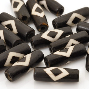 Carved-9x25mm Batik Tube Bead With Diamond Design-Black-Quantity 4