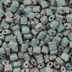 Casting-6mm Flat Square Ornament Beads-Green Patina