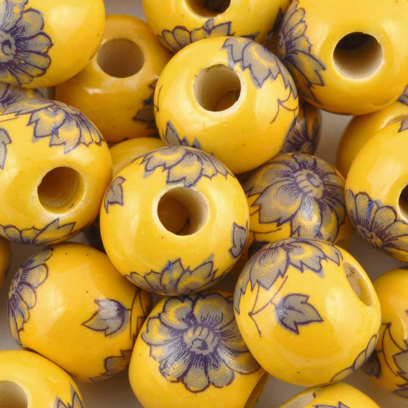 Ceramic Beads-16mm Round-Sun Yellow Floral Motif