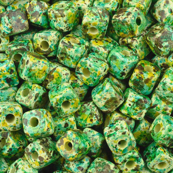 Ceramic Beads-7mm Cube-Medium Green Splash
