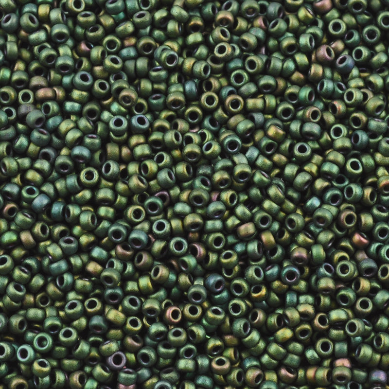 Seed Beads-15/0 Round-2066 Matte Metallic Dark Green Iris-Miyuki-7 Grams