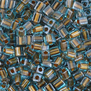Seed Beads-4mm Cube-2642 Sparkle Bronze Lined Aqua-Miyuki-7 Grams
