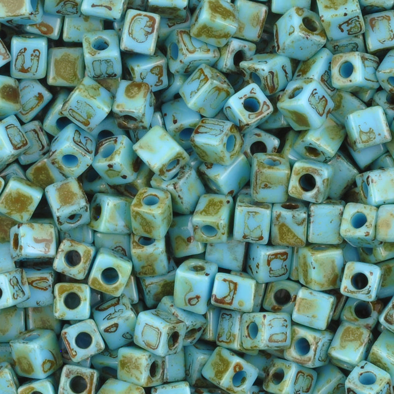 Seed Beads-4mm Cube-4514 Opaque Turquoise Picasso-Miyuki-Quantity 7 Grams