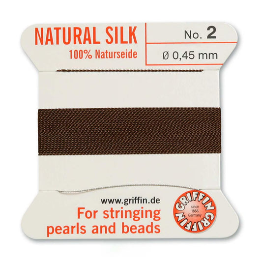 Supplies-Natural Silk Cord-Size 02 Griffin Thread-Attached Twisted Needle-Brown-2 Meter-Quantity 1 Card