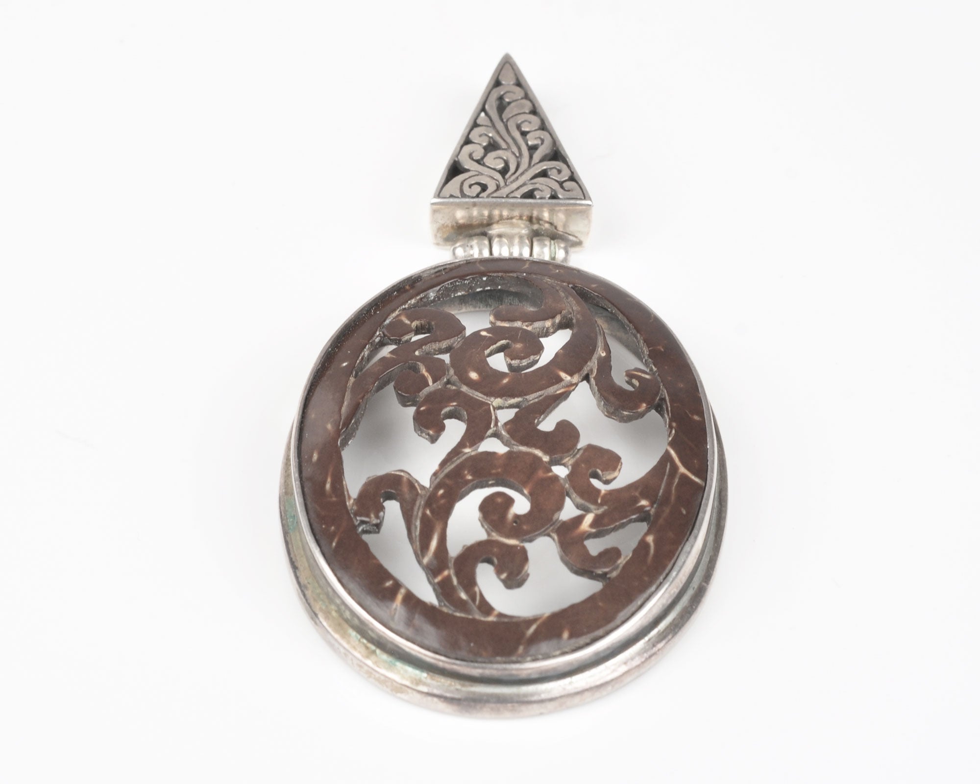Vintage Jewelry-Bali Hand Carved Coconut-Sterling Silver Pendant