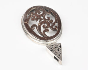 Vintage Jewelry-Bali Hand Carved Coconut-Sterling Silver Pendant