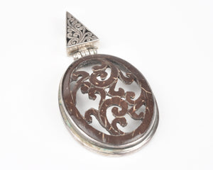 Vintage Jewelry-Bali Hand Carved Coconut-Sterling Silver Pendant-Artist Jewelry