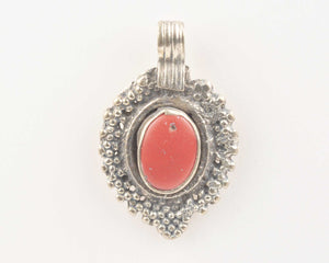 Vintage Pendants-Tribal Gypsy Glass Pendant-Antique Silver-Opaque Red