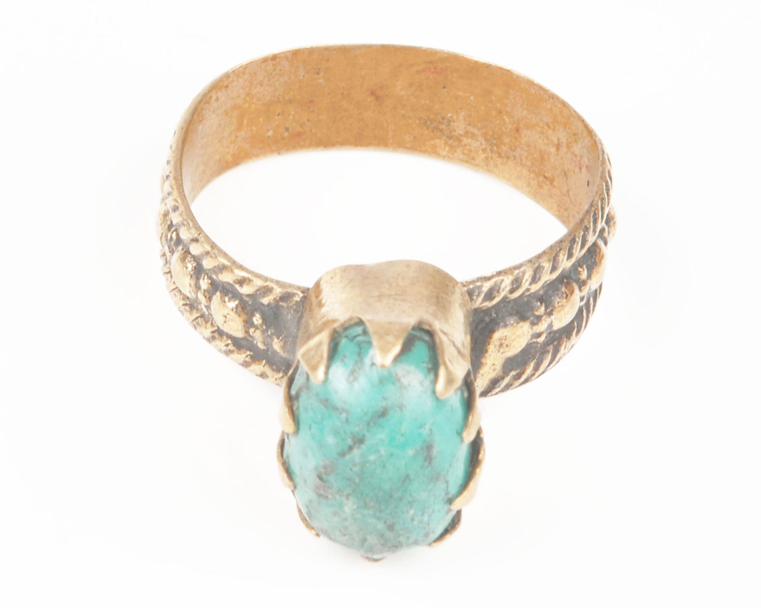 Vintage Rings-Tribal Gypsy Glass Ring-Brass-Turquoise