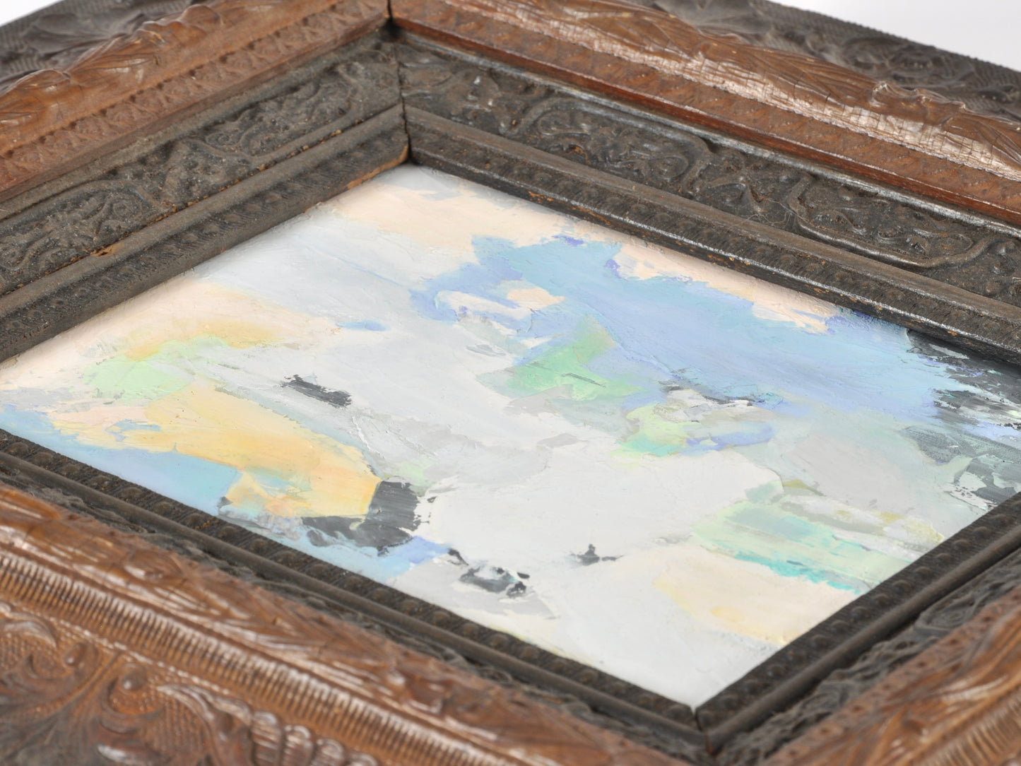 Original Abstract Oil Painting on Canvas Board-Blush Fusion-Dark Two Tone Ornate Vintage Wood Frame by Tamara Scott Tamara Scott Designs