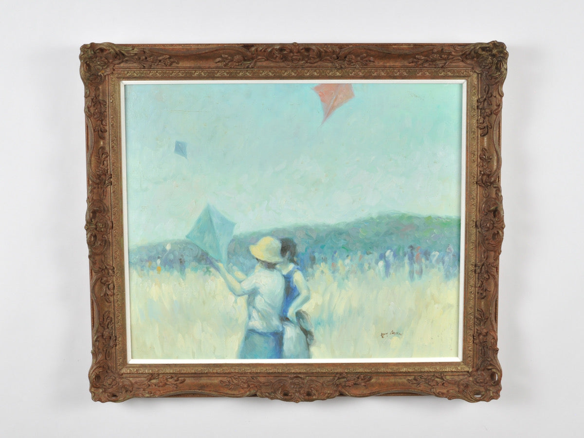 Original Framed French Impressionistic "Kite Flying" Oil Painting by Roy Austin Tamara Scott Designs