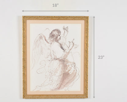 Vintage Custom Gold Framed-Study of An Angel By Guercino-Fine Art Print-Watercolor-Pen and Ink-Gift for Art Collector