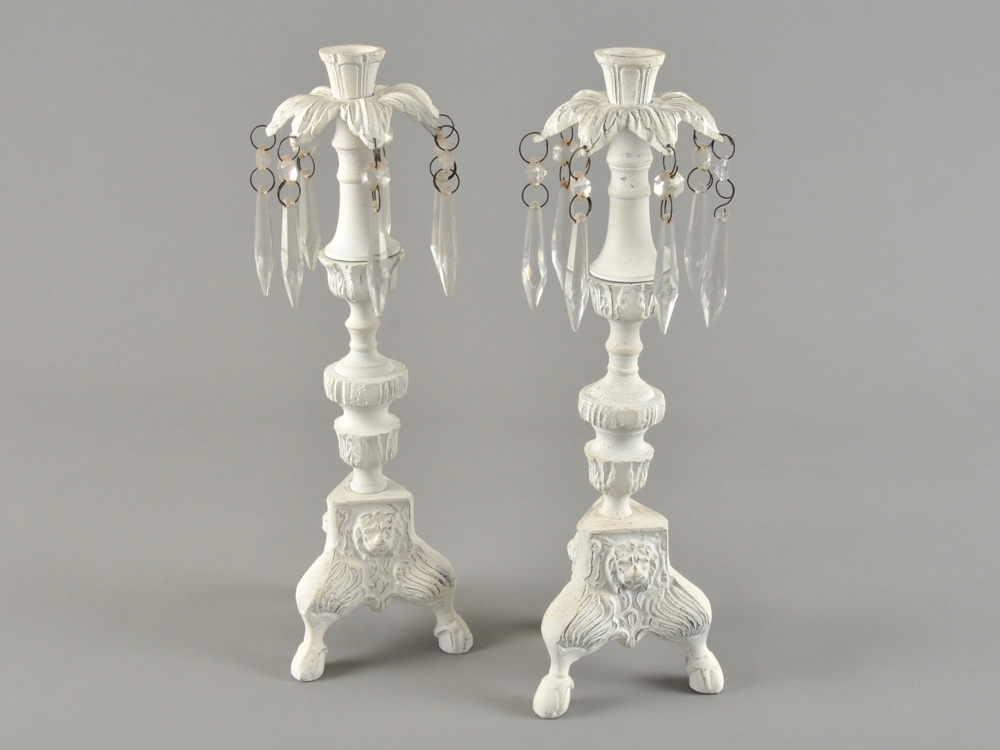 Vintage Cottage Chic White Pair of Candle Stick Holders-Metal With Crystals