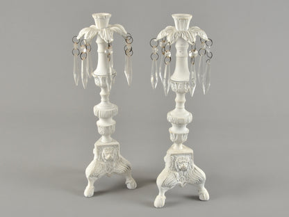 Vintage Cottage Chic White Pair of Candle Stick Holders-Metal With Crystals