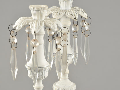 Vintage Cottage Chic White Pair of Candle Stick Holders-Metal With Crystals