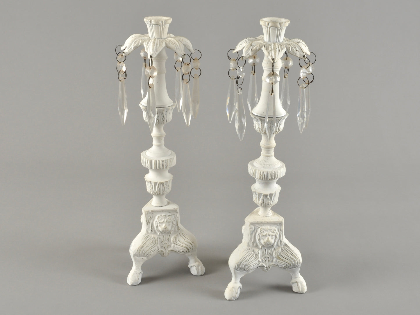 Vintage Cottage Chic White Pair of Candle Stick Holders-Metal With Crystals