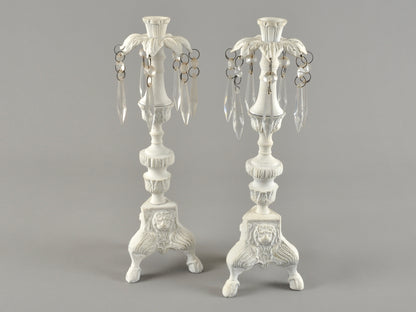 Vintage Cottage Chic White Pair of Candle Stick Holders-Metal With Crystals
