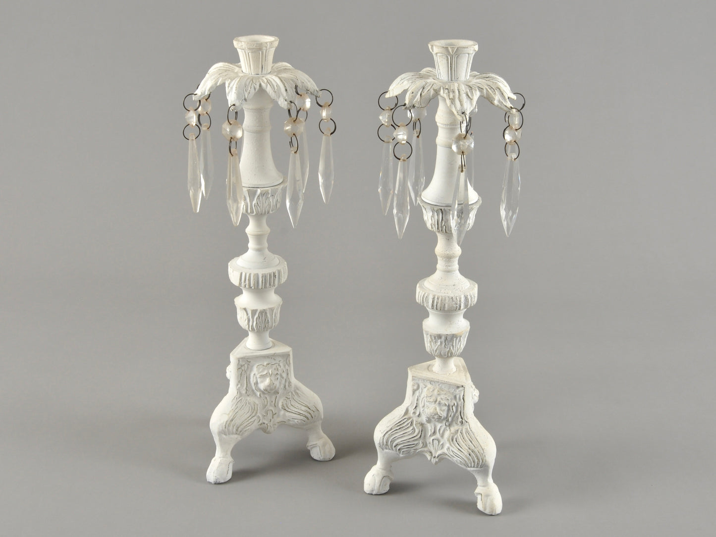 Vintage Cottage Chic White Pair of Candle Stick Holders-Metal With Crystals