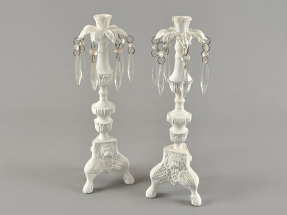 Vintage Cottage Chic White Pair of Candle Stick Holders-Metal With Crystals