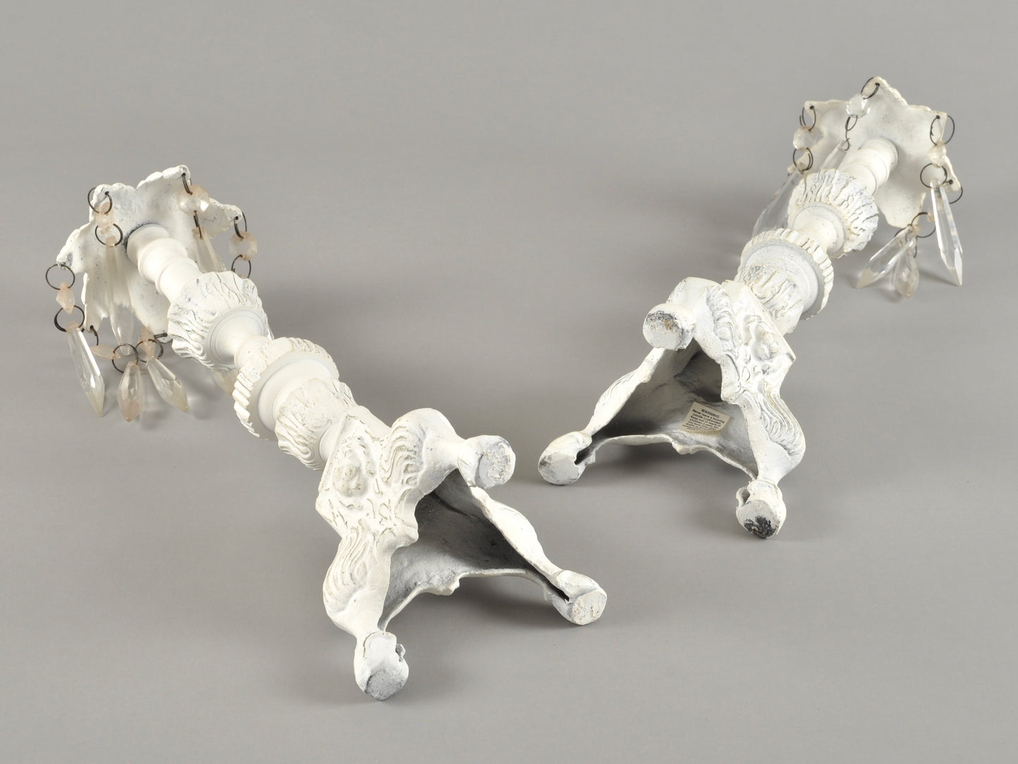Vintage Cottage Chic White Pair of Candle Stick Holders-Metal With Crystals