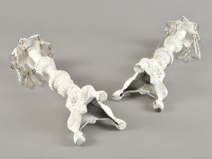 Vintage Cottage Chic White Pair of Candle Stick Holders-Metal With Crystals