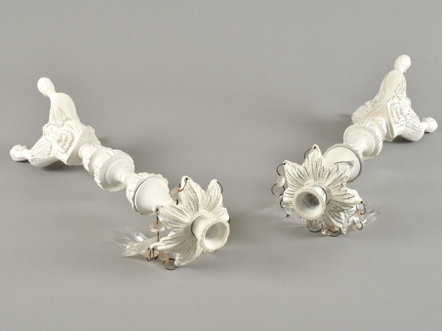 Vintage Cottage Chic White Pair of Candle Stick Holders-Metal With Crystals