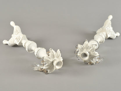 Vintage Cottage Chic White Pair of Candle Stick Holders-Metal With Crystals