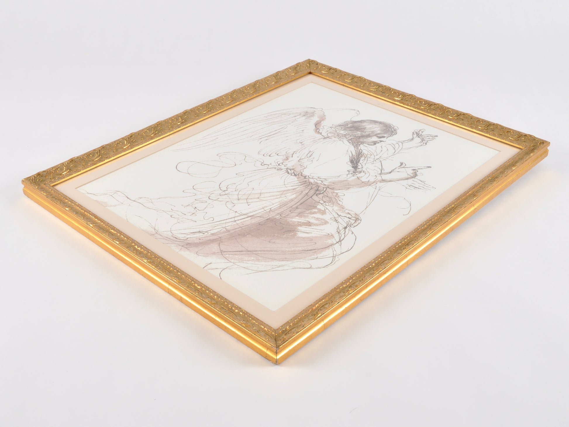 Vintage Custom Gold Framed-Study of An Angel By Guercino-Fine Art Print-Watercolor-Pen and Ink-Gift for Art Collector Tamara Scott Designs