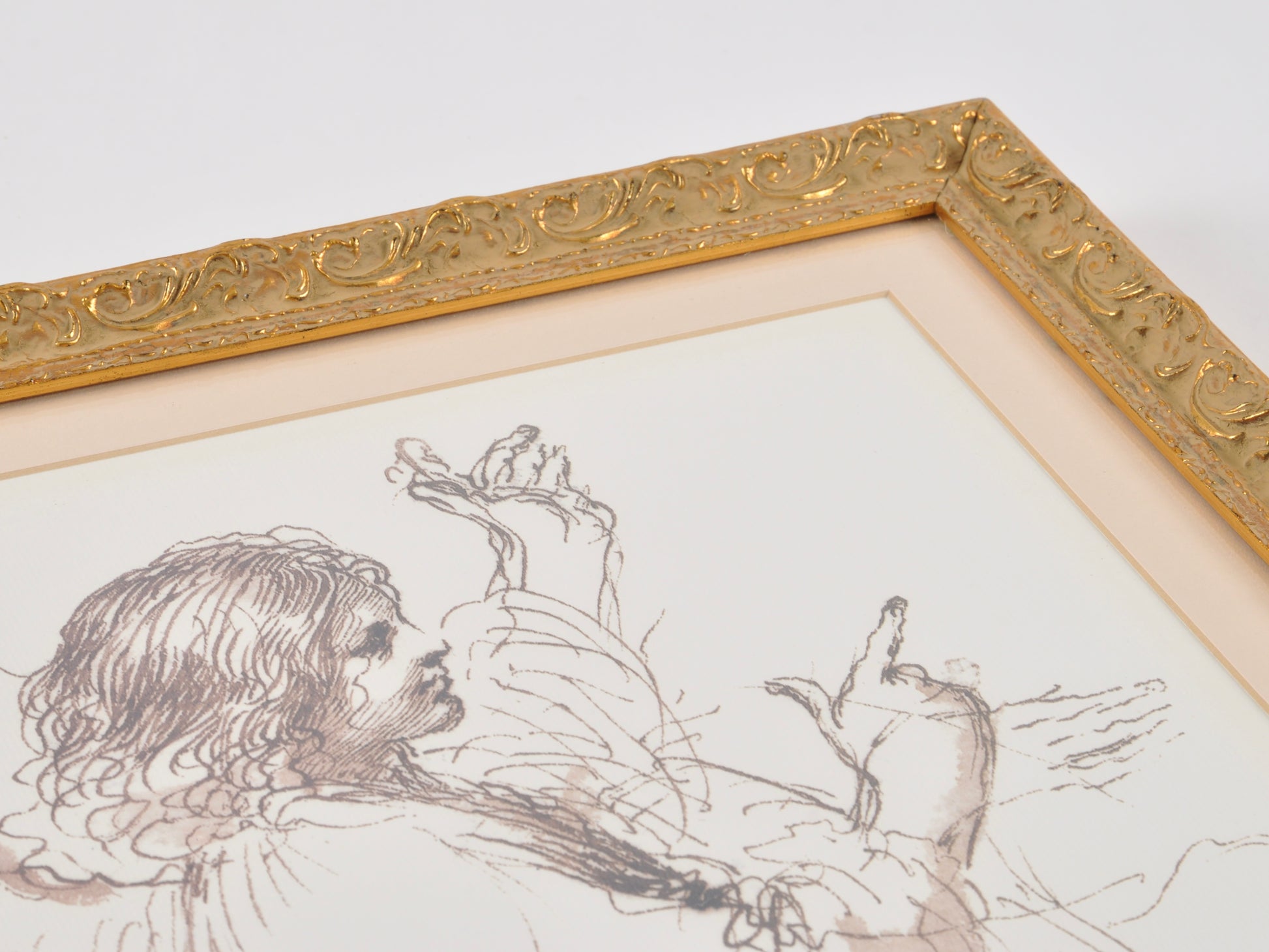Vintage Custom Gold Framed-Study of An Angel By Guercino-Fine Art Print-Watercolor-Pen and Ink-Gift for Art Collector Tamara Scott Designs