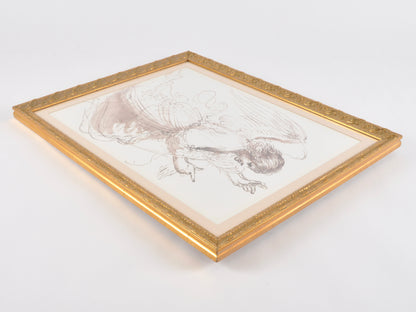 Vintage Custom Gold Framed-Study of An Angel By Guercino-Fine Art Print-Watercolor-Pen and Ink-Gift for Art Collector Tamara Scott Designs