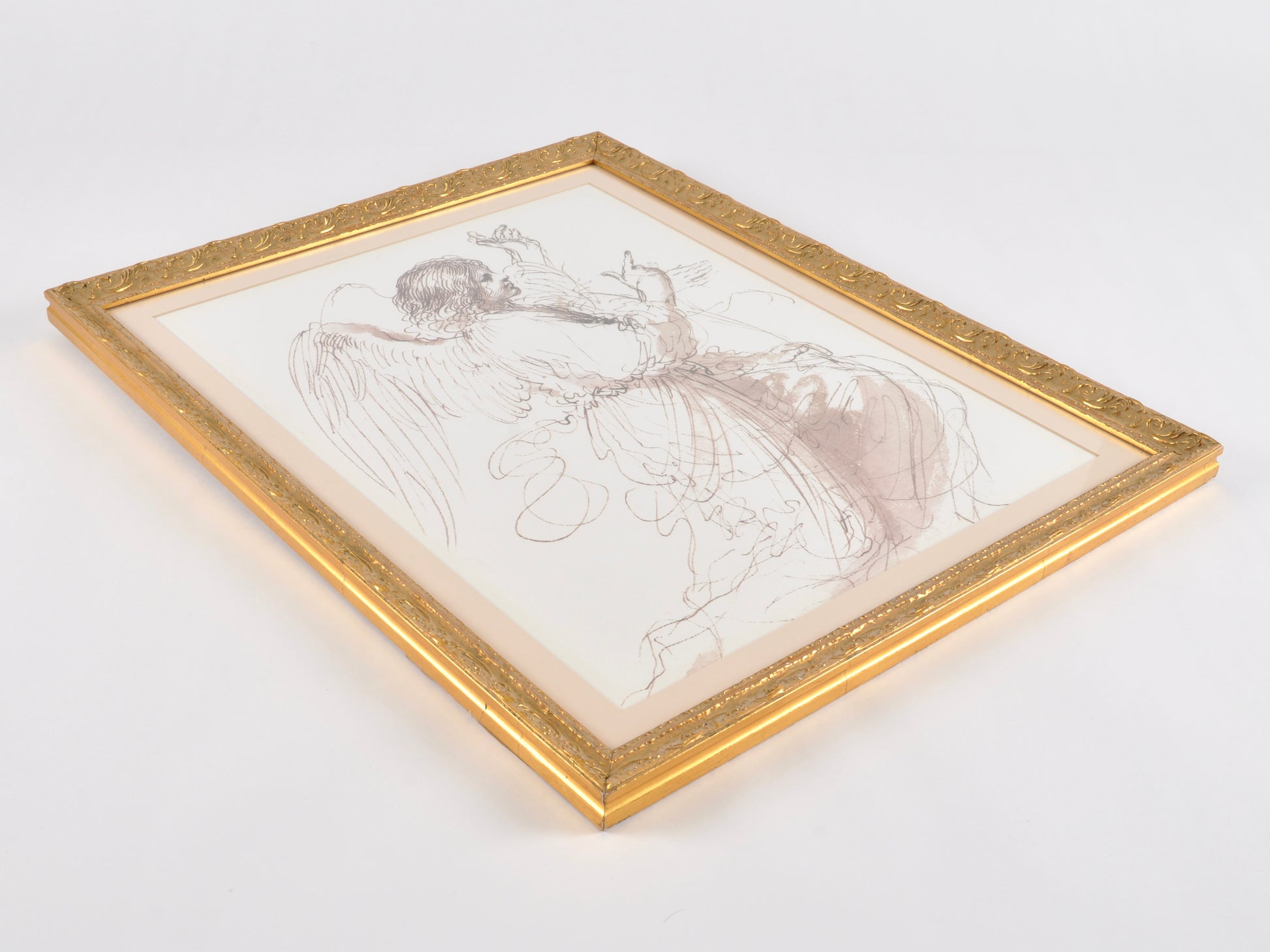 Vintage Custom Gold Framed-Study of An Angel By Guercino-Fine Art Print-Watercolor-Pen and Ink-Gift for Art Collector Tamara Scott Designs