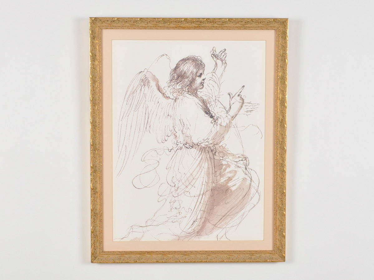 Vintage Custom Gold Framed-Study of An Angel By Guercino-Fine Art Print-Watercolor-Pen and Ink-Gift for Art Collector Tamara Scott Designs