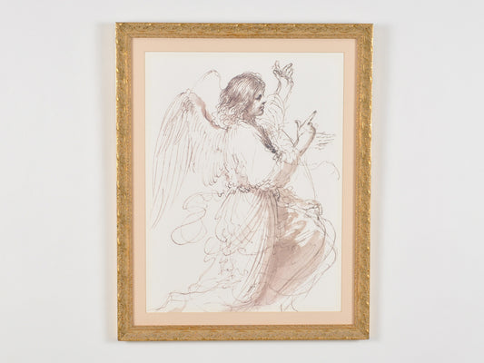 Vintage Custom Gold Framed-Study of An Angel By Guercino-Fine Art Print-Watercolor-Pen and Ink-Gift for Art Collector Tamara Scott Designs