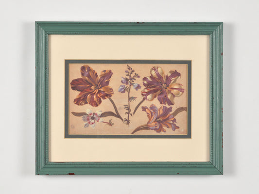 Vintage Double Matted and Framed Botanical Print "Floral Gouache on Paper" Europe-Wall Art Decor Tamara Scott Designs