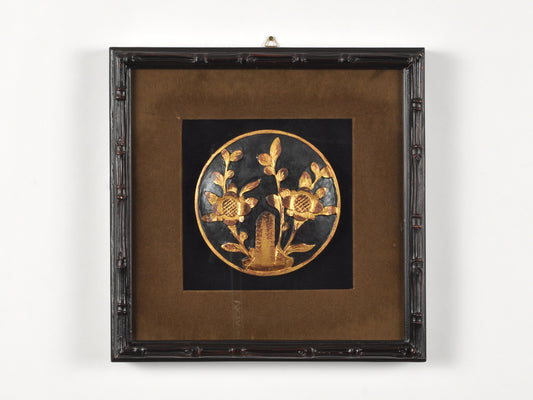 Vintage Velvet Matted and Shadowbox Framed Black and Gold Japanese Decorative Medallion-Wall Art Decor Tamara Scott Designs