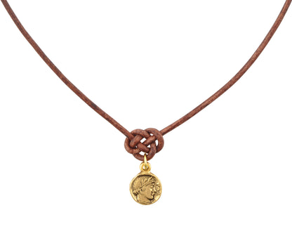 Finished Jewelry-Endless Knot Antique Brown Leather Necklace with Small Roman Coin-Antique Gold-Adjustable-15-18 Inches Tamara Scott Designs