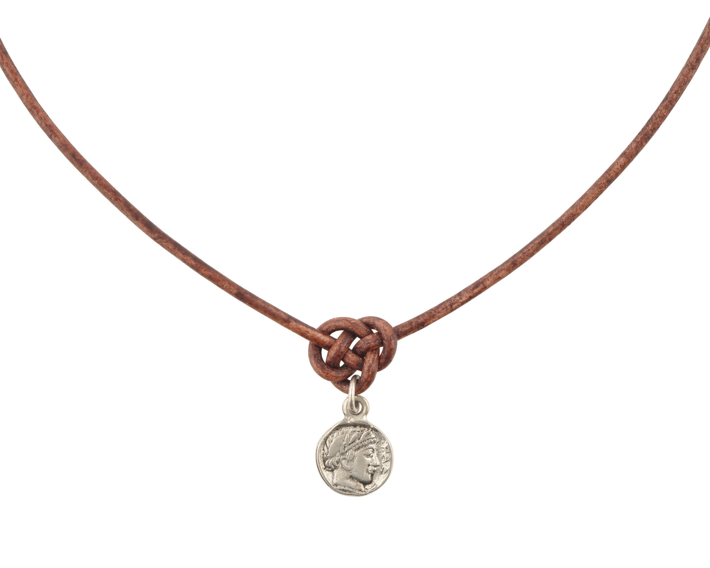 Finished Jewelry-Endless Knot Antique Brown Leather Necklace with Small Roman Coin-Antique Silver-Adjustable-15-18 Inches Tamara Scott Designs