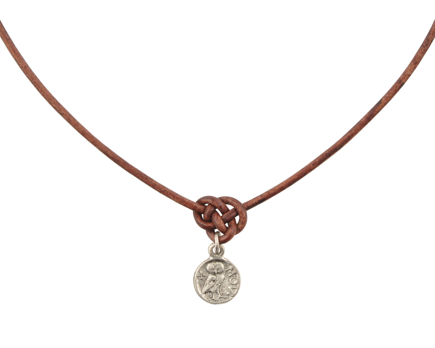 Finished Jewelry-Endless Knot Antique Brown Leather Necklace with Small Roman Coin-Antique Silver-Adjustable-15-18 Inches Tamara Scott Designs