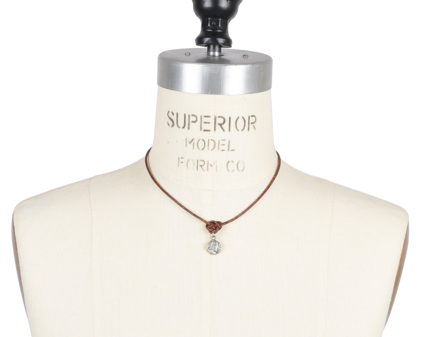 Finished Jewelry-Endless Knot Antique Brown Leather Necklace with Small Roman Coin-Antique Silver-Adjustable-15-18 Inches Tamara Scott Designs