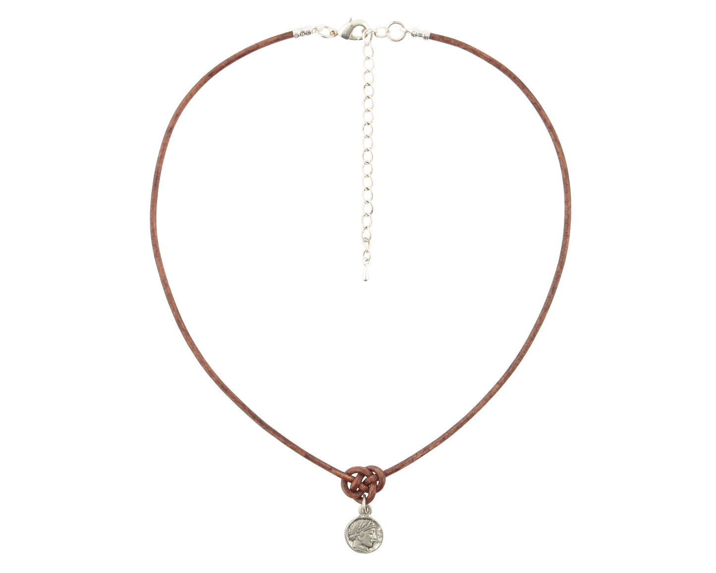 Finished Jewelry-Endless Knot Antique Brown Leather Necklace with Small Roman Coin-Antique Silver-Adjustable-15-18 Inches Tamara Scott Designs
