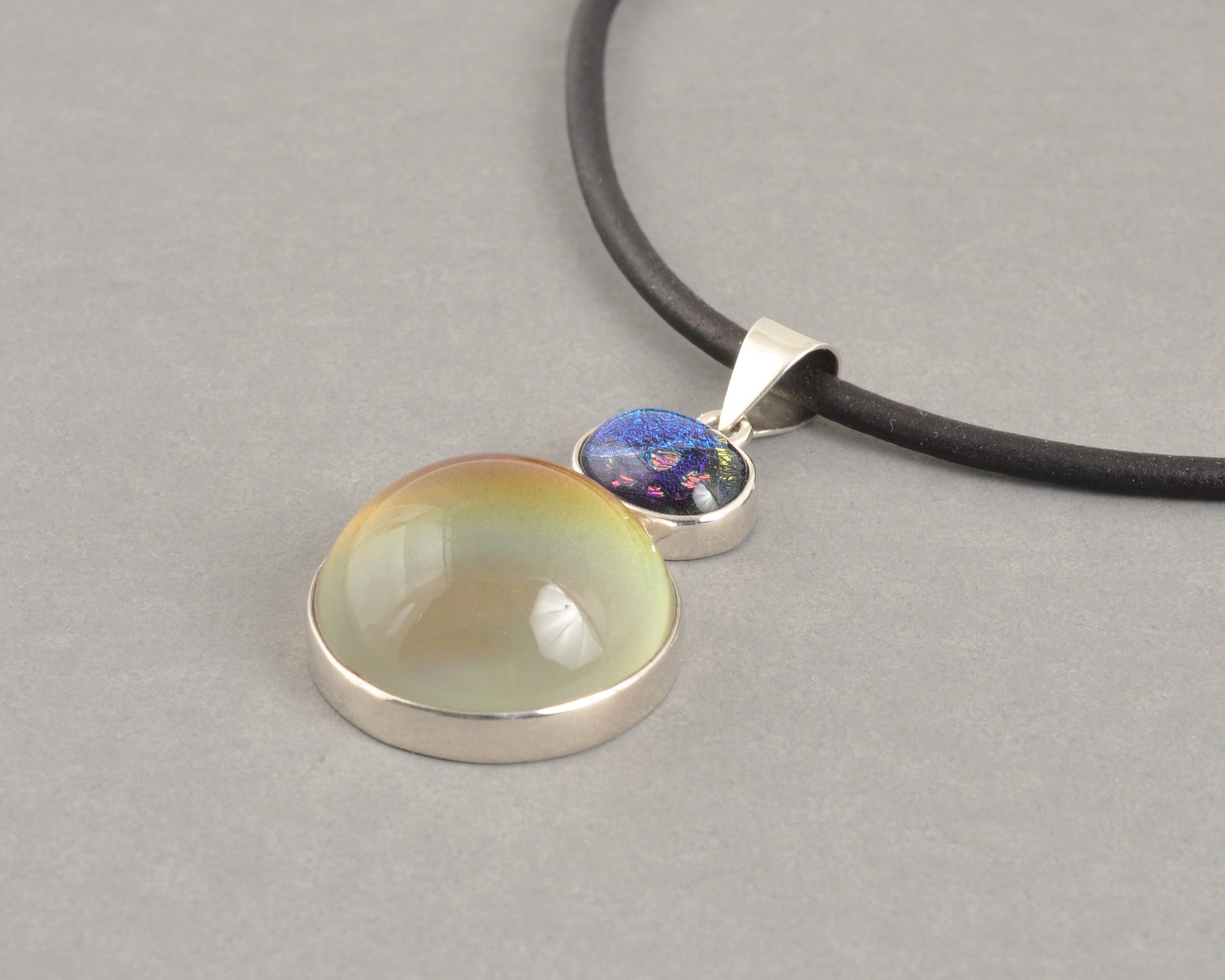 Finished Sterling Silver Mirage Dichroic Pendant Necklace #1, Color Changing Mood Jewelry, Black Leather Cord, Adjustable, One of a Kind