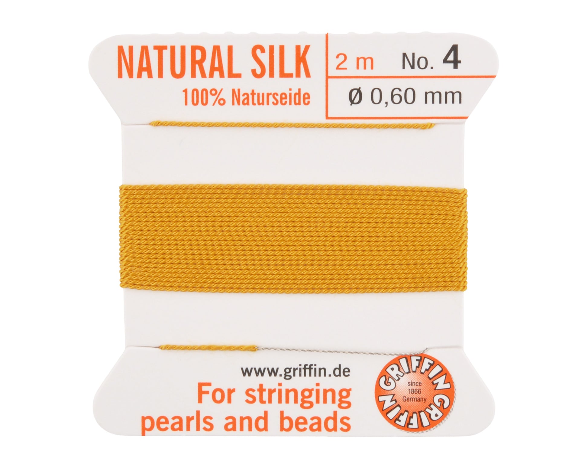 Griffin natural silk bead cord size 4 amber with attached twisted needle 2 meter card
