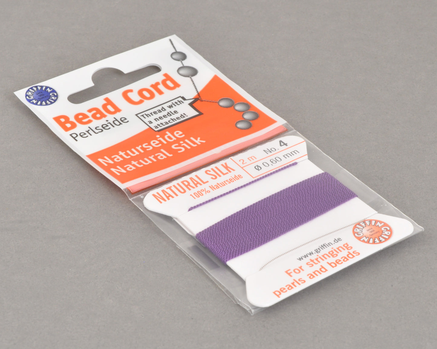 Griffin natural silk bead cord size 4 amethyst with attached twisted needle 2 meter card