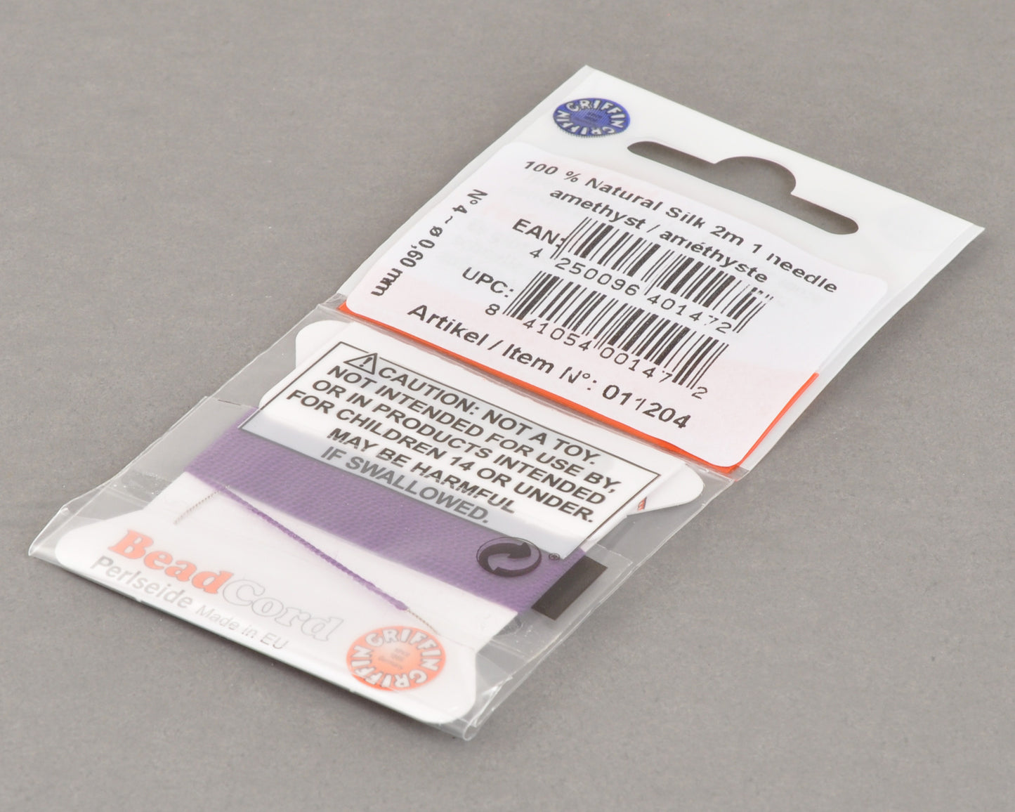 Griffin natural silk bead cord size 4 amethyst with attached twisted needle 2 meter card