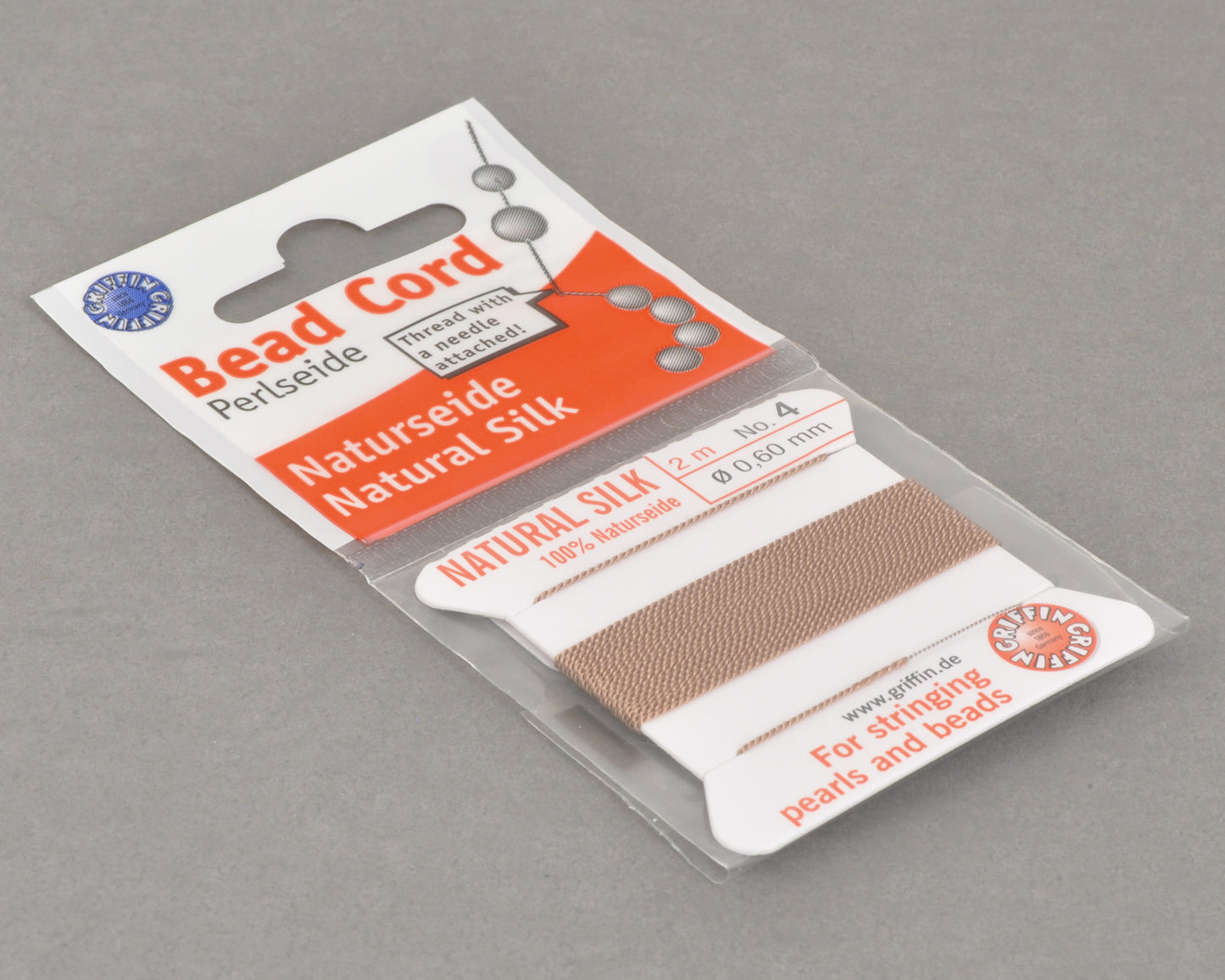 Griffin natural silk bead cord size 4 beige with attached twisted needle 2 meter card