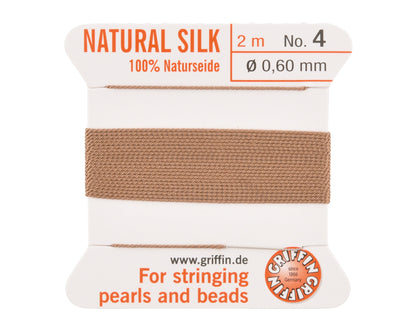 Griffin natural silk bead cord size 4 beige with attached twisted needle 2 meter card